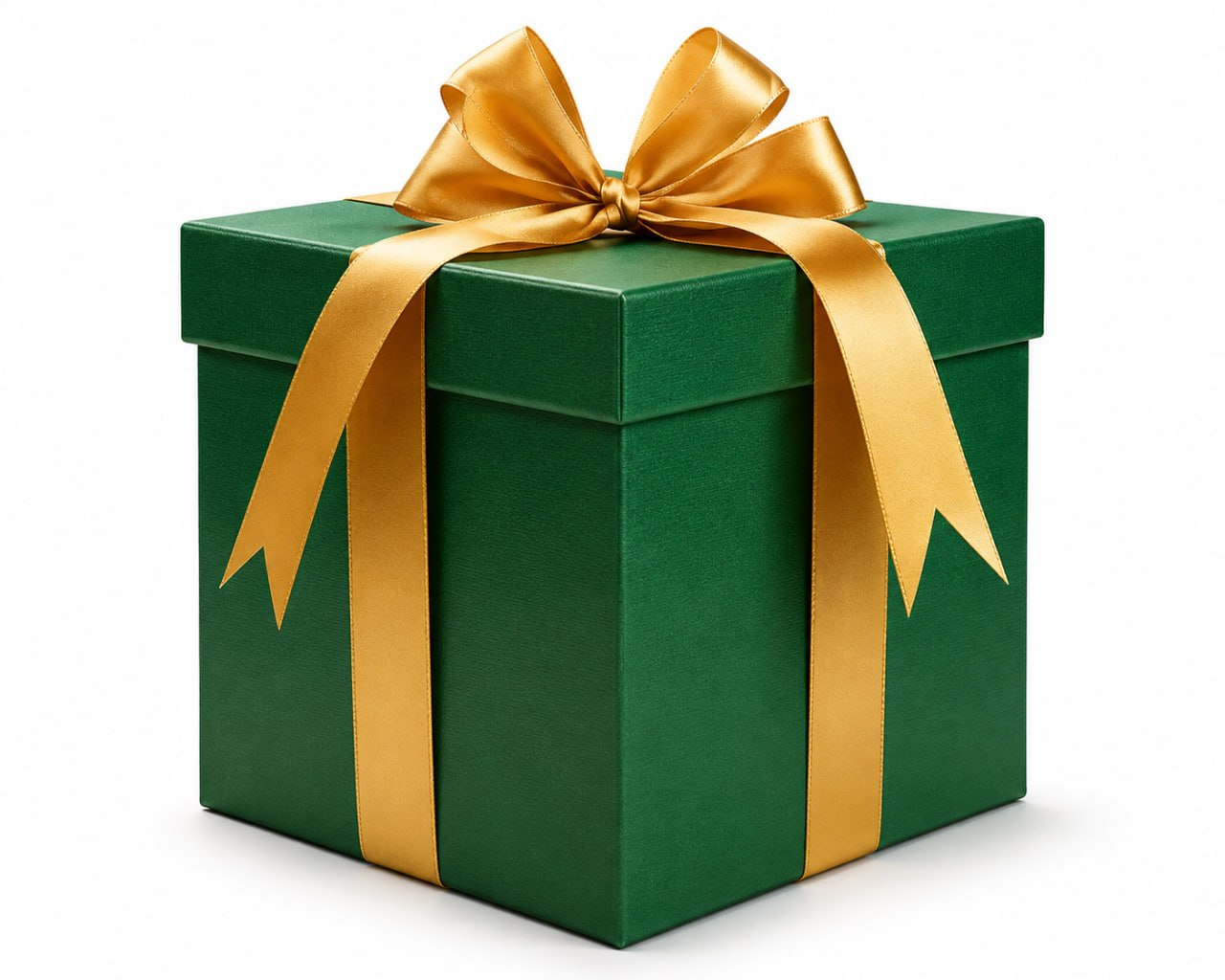 Emerald green mystery gift box with a gold ribbon